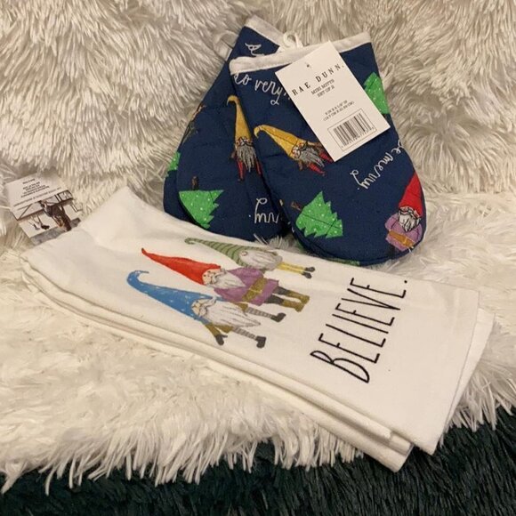 NWT RAE DUNN GNOME "BELIEVE" KITCHEN TOWELS AND "SO VERY MERRY" OVEN MITTS SET - Picture 1 of 5